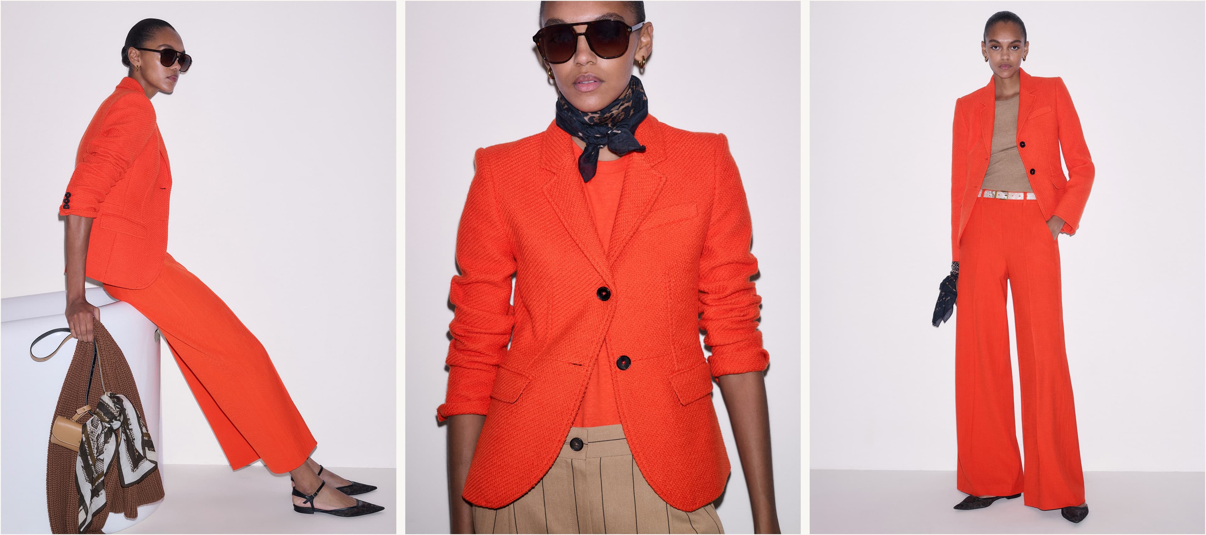 Left Image: Side on shot of a woman wearing an orange suit. Middle Image: Woman wearing an orange suit jacket and sunglasses. Right Image: Woman wearing an orange suit.
