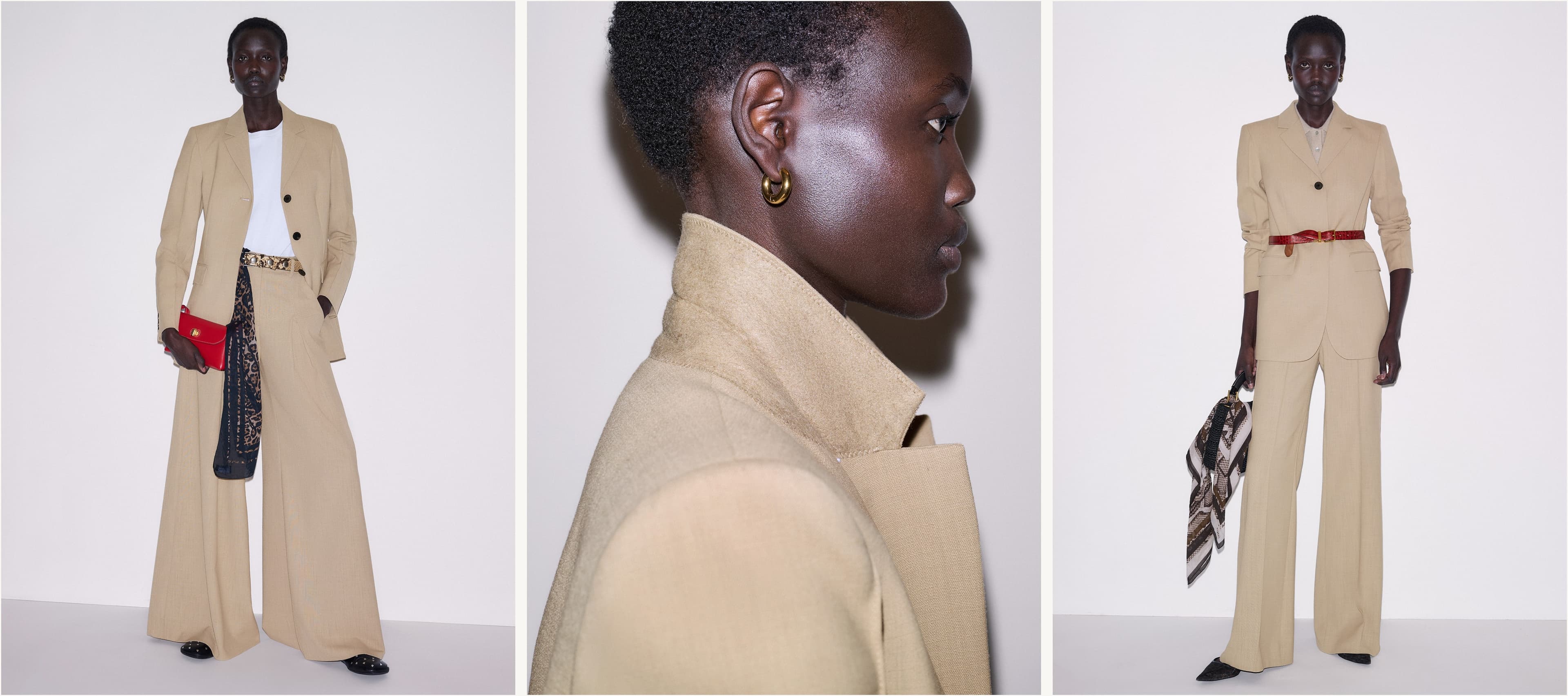 Left Image: Woman wearing a suit. Middle Image: Side on shot of a woman wearing a suit. Right Image: Woman wearing a suit.