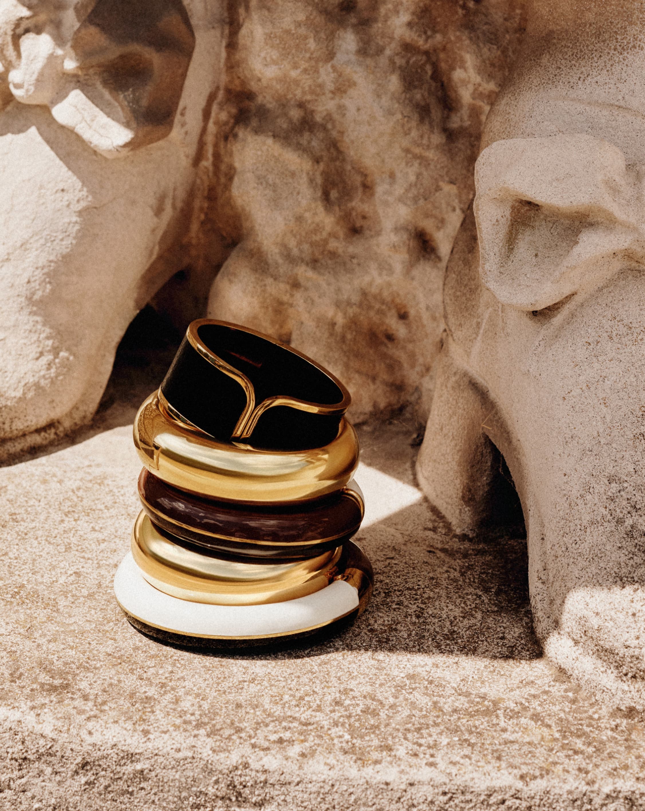 Close up of stacked bangles.