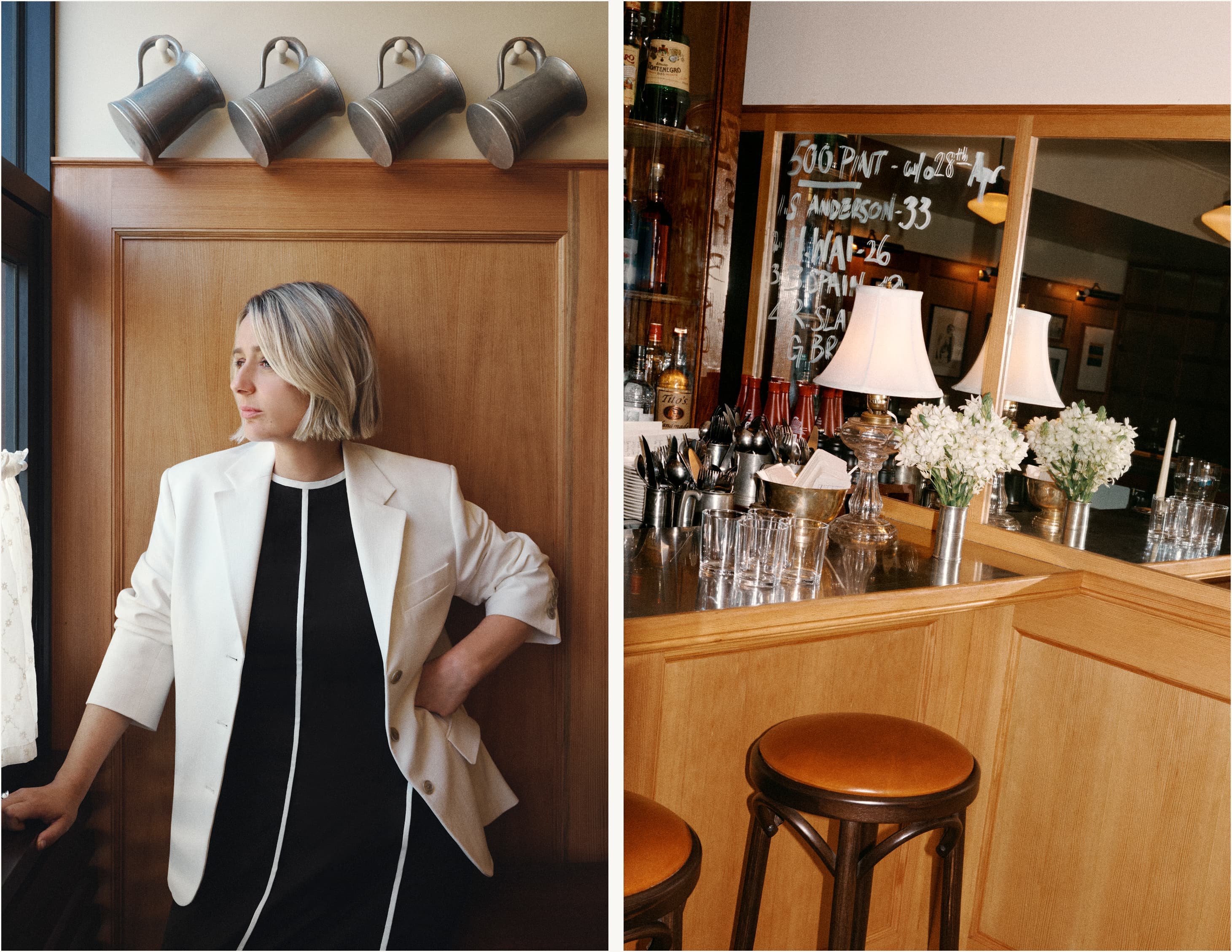 Left Image: Woman standing with her hand on her hip, wearing a white blazer and black dress. Right Image: Artistic shot of the inside of a restaurant, featuring a mirror, a lamp, a bar stool and a flower vase.