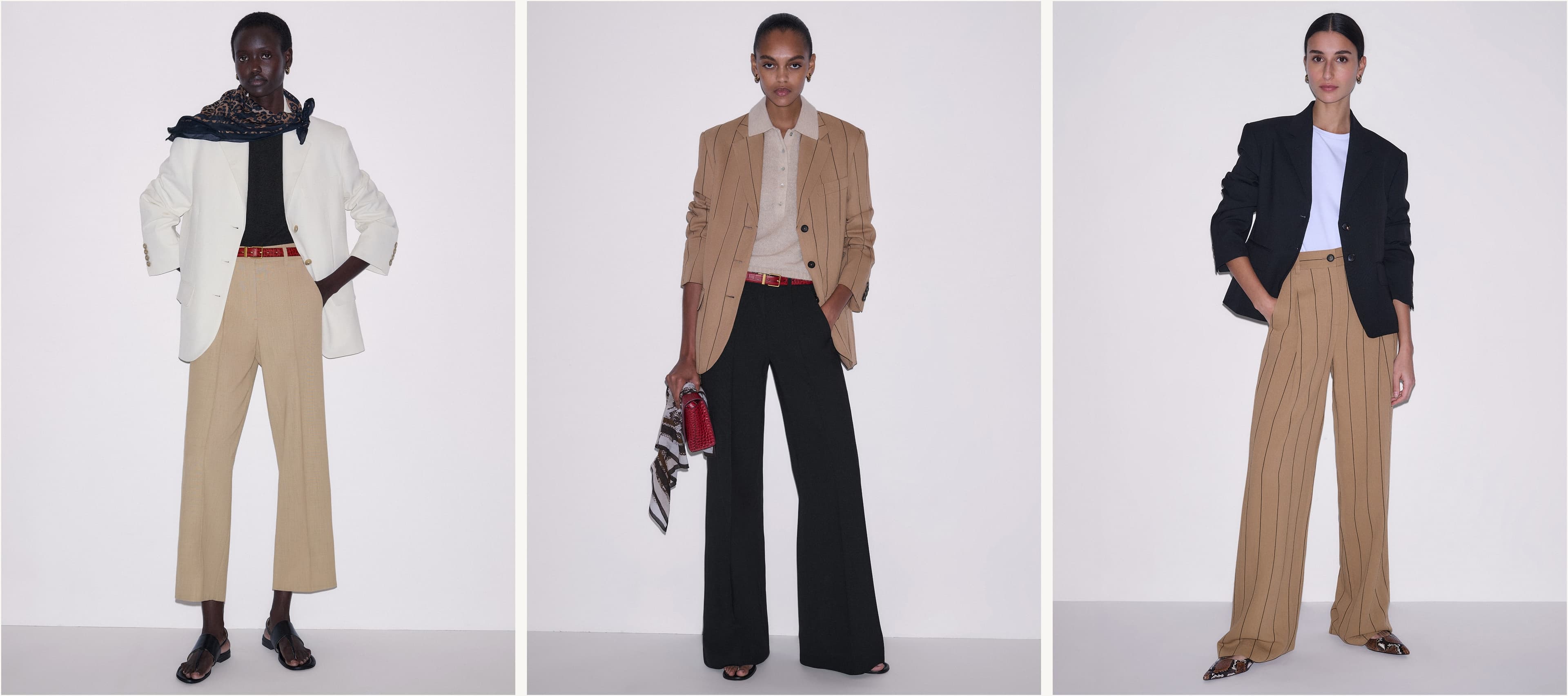 Left Image: Woman stood against a plain background wearing a blazer. Middle Image: Woman wearing a suit and carrying a red bag in front of a plain backdrop. Right Image: Woman wearing a suit in front of a plain backdrop.