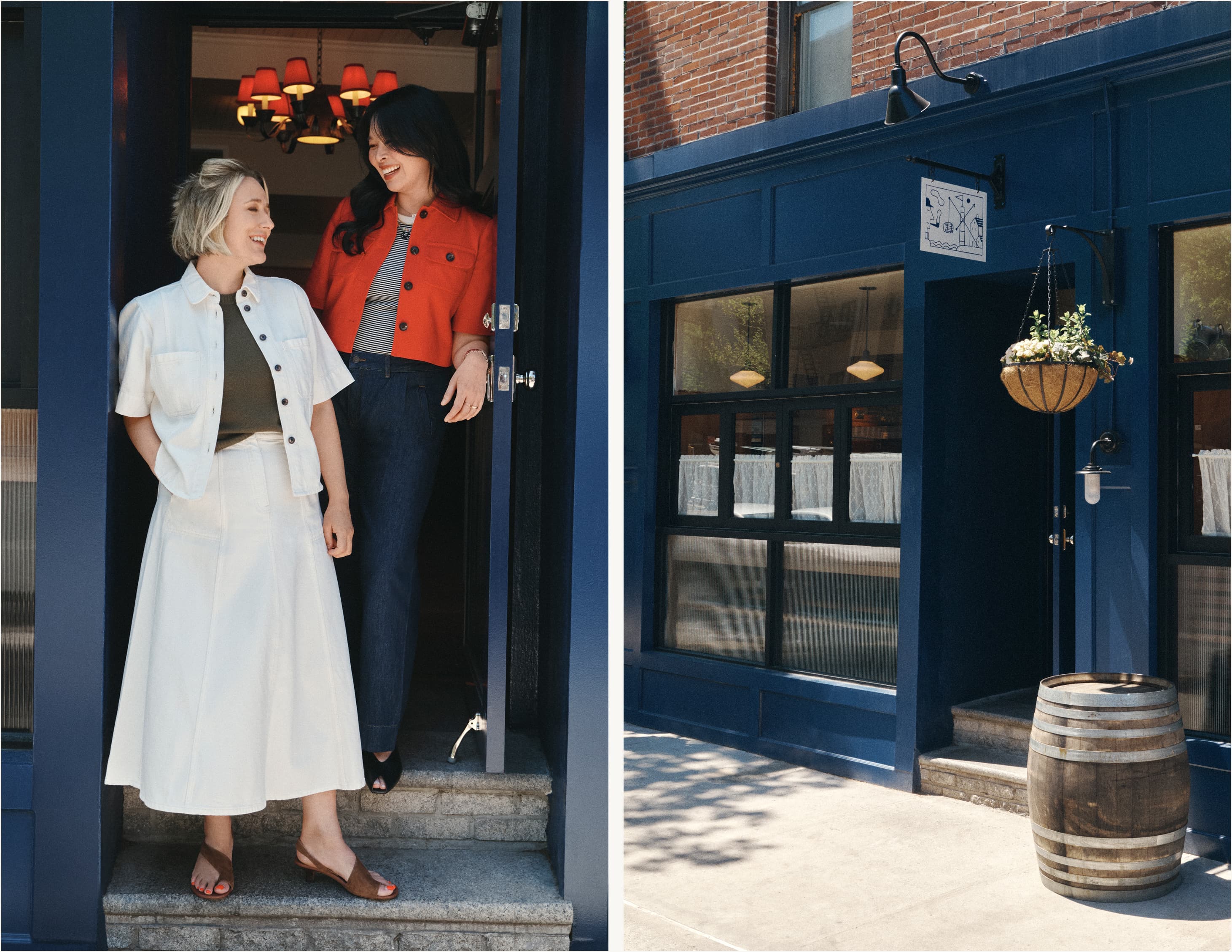 Left Image: Two women stood in a door frame, smiling at each other, one is wearing a white jacket and matching skirt, the other is wearing a top, jeans and a red jacket. Right Image: Outside of a restaurant, featuring a hanging flower basket and a barrel.
